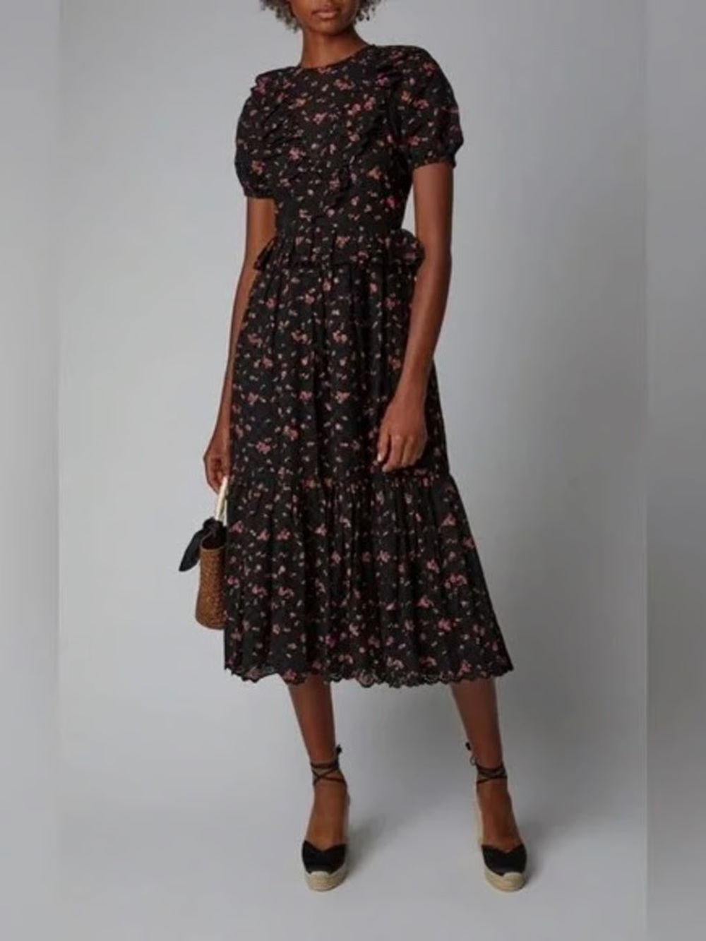 ULLA JOHNSON Black Noir Floral Bettine Ruffle Broderie Anglaise Dress size M